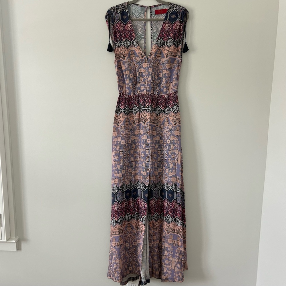 Tigerlily Belle Eau Boho Button Down V Neck Blue Pink Geometric Maxi Dress 6